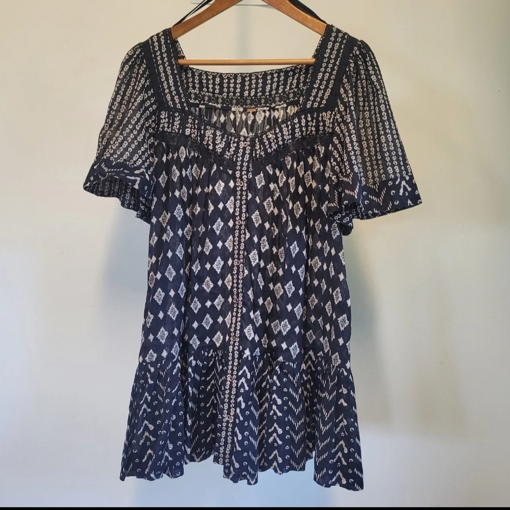 Free People Navy and White Patterned Blouse